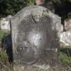 View of headstone dated 1754 with IG, IG, TG and MG grave symbols, Logie Old Churchyard.
