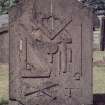 Detail of headstone dated 1780 with masons tools, Holy Rude, Stirling.