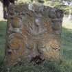 View of headstone dated 1700 with ship , Soulseat Abbey burial ground.