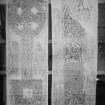 Photographic copy of two rubbings. The left rubbing shows the face of Aldbar Pictish cross slab, originally from Aldbar Chapel, now at Brechin Cathedral. The right rubbing shows detail of the reverse of Eilean Mor cross shaft, St Cormac's Chapel.