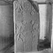 View of face of Pictish cross slab at Eassie Old Parish Church.