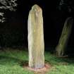 View of inscribed stone, from side, showing inscription on face and ogham inscription along edge (flash-lighting).