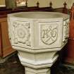 Font from Kinkell Old Parish Church now in St John's Episcopal Church, Aberdeen.
Detail of panels displaying a) a rose, and b) a shield bearing the linked initials AG, for Alexander Galloway.