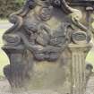 View of headstone to John Mill 1693 showing boy with book,Tranent Parish Church Burial Ground.