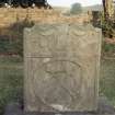 View of headstone 1769 showing jawbones with serpent,   Torphichen Parish Churchyard.