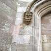 View of church doorway with carving of Green Man, Cardross Old Parish Church.