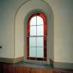 Interior.
Preaching auditorium, detail of coloured glass window.