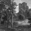 Glasgow, Old Castle Road, Cathcart Castle.
Engraving showing general view with foliage.
Titled: 'Cathcart Castle.  For the Scots Mag. & Edinr. Lity. Musy. pub. by A. Constable & Co. 1 Aug. 1809.  H. W. Williams delt.  R. Scott Sculpt.'