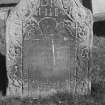 View of west face of gravestone for Margaret Mann 1735, in the churchyard of Kingsbarns Parish Church.
