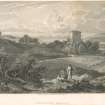 Engraving showing distant view of Borthwick Castle.