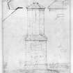 Photographic copy of pedestal elevation: annotated pencil drawing of pedestal giving details of  materials to be used.
u.s.   u.d.