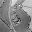 Oblique aerial view centred on the farmsteading, manse and walled garden, with the church, churchyard and war memorial adjacent, taken from the SW.