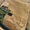 Oblique aerial view centred on the burial-ground, watermill, farmhouse, farmsteading and school, and the cropmarks of the nunnery, taken from the SE.