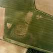 Oblique aerial view centred on the cropmarks of the fort, pits and cropmark, taken from the SW.