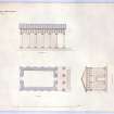 Photographic copy of drawing of plan, side elevation and front elevation of mausoleum.
Insc: 'Springwood Park Mausoleum Additions', 'Side Elevation, 'Plan', 'Entrance Front', '19 St. Andrew Square, Edinbr, 15th August 1853'.