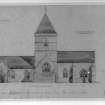 Photographic copy of drawing of reconstrucion of South elevation before fire.
Insc: 'Whitekirk Parish Church, Before Fire', 'South Elevation', 'R.S. Lorimer A.R.S.A,
17 Gt. Stuart St., Edinr, Oct. 1914'.