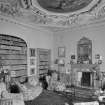 Interior view of Balcaskie House showing the library with fireplace.