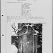 Photographs and research notes relating to graveyard monuments in Dunbog Churchyard, Fife.  
