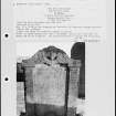 Photographs and research notes relating to graveyard monuments in Pittenweem Churchyard, Fife.  
