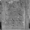 View of gravestone commemorating John Smith and Jannet Honey, 1738, in the churchyard of Farnell Parish Church.