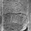 General view of Pictish stone bearing a crescent and V-rod above a mirror and 'beast'.