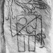 General view of Pictish stone bearing an eagle above a notched rectangle and Z-rod.