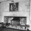 Interior. 1st fl hall. Detail of fireplace