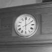 Interior.
Preaching auditorium, detail of gallery front and clock.