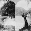 Woman looking into the loch.
Negative insc: 'Excelsior Stereoscopic Tours', 'Silver Strand and Ben Venue, Loch Katrine, Scotland', 'Copyright 1897, by M R Wright'.