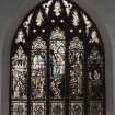 Interior. E transept galley stained glass window by Camm Bros c.1880 Old Testament Scenes