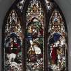 Interior. W transept stained glass window by Powell Bros 1884 The Good Samaritan