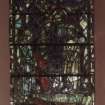 Interior.
Preaching auditorium, W wall, detail of stained glass window given by Jane Campbell.