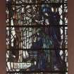 Interior.
Preaching auditorium, E wall, detail of stained glass window given by Jane Campbell.