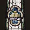 Interior. Tower porch. Stained glass. Detail