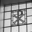Interior. Clerestory stained glass window. (N) Detail.