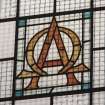 Interior. Clerestory stained glass window. (N) Detail.