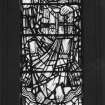 Interior. Nave S wall WWII memorial stained glass window by William Wilson 1949 including a tank and landing craft.