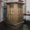 Interior. View of pulpit made from paneling from Wemyss Castle