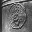 Belfry, bell, detail of religious medallion