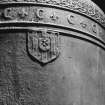 Belfry bell, detail of inscription band and heraldic medallion