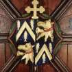 Aberdeen, Chanonry, St Machar's Cathedral, Heraldic Ceiling.
Detail of the Heraldic Shield of the arms of the Bishop of St Andrews: Andrew Forman. 
Shield: Quarterly: first and fourth Azure, a chevron or between three fishes haurient argent; second and third Sable, a camel's head erased or collared gules campaned of the second.