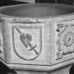 Font from Kinkell Old Parish Church now in St John's Episcopal Church, Aberdeen.
Detail of panels bearing a) shield charged with the heart pierced by a sword, and b) a rose.
