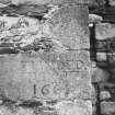 Leslie Castle. Detail of inscribed stone in angle of projection.