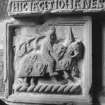Interior.
Detail of carved knight on left hand side of sarcophagus on John Duff mural monument.