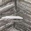 Beaton's Cottage, interior.  Detail of Cruck joint at ridge of roof.