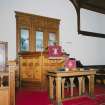 Interior. View of chancel showing communion table and pulpit