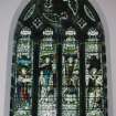 Interior. N gable detail of Andrew Carnegie Memorial stained glass window with figures of Music, Literature, Loving Kindness and Peace by Percy Bacon 1923