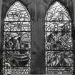 Interior. W wall detail of Rev J Martin memorial stained glass windows of fishing scenes by Roland Mitton 1987