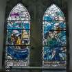 Interior. W wall detail of Rev J Martin memorial stained glass windows of fishing scenes by Roland Mitton 1987