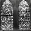 Interior. W wall detail of Mrs Isobel Martin memorial stained glass windows of pastoral scenes by Roland Mitton 1987